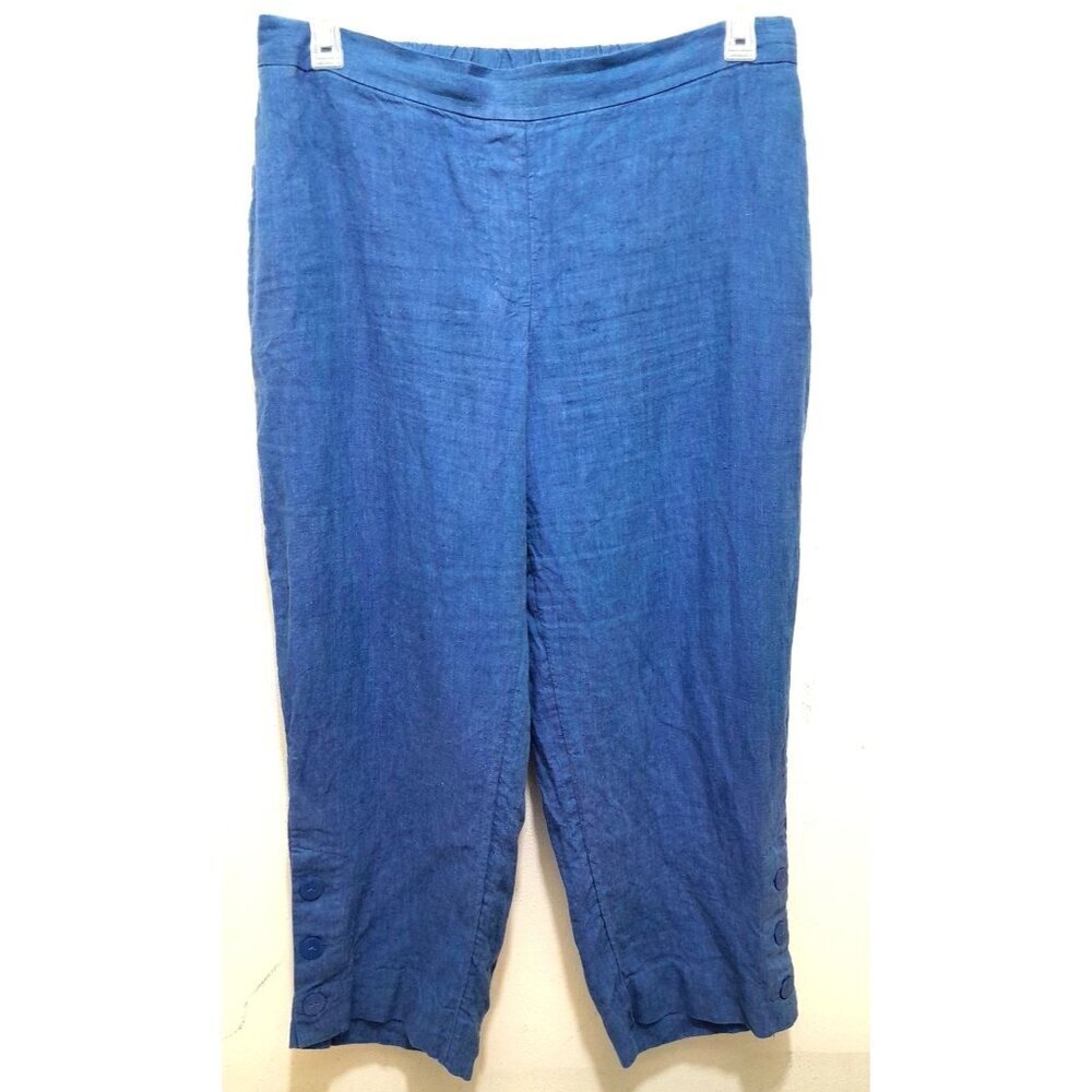 Chico's Linen Casual Cropped Lightweight Beach Pants Pockets Blue Size S